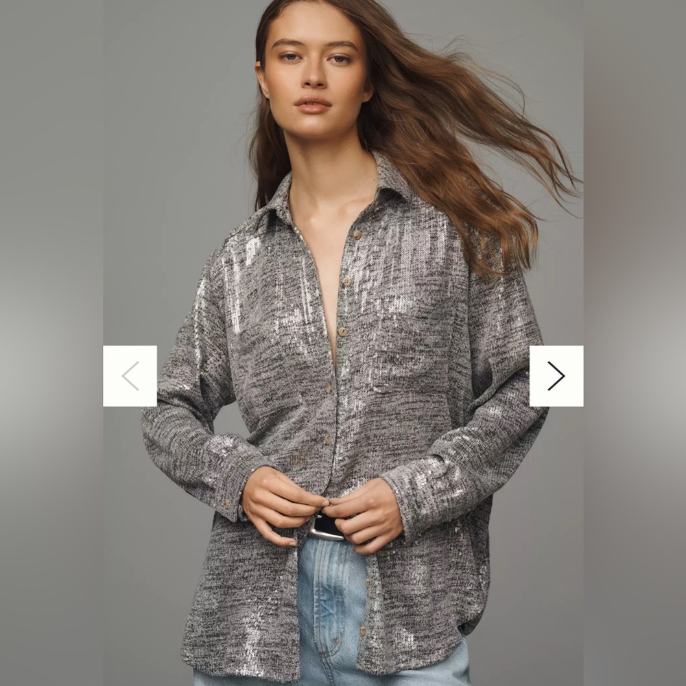 Pilcro Silver Sequin Notched Collar Top